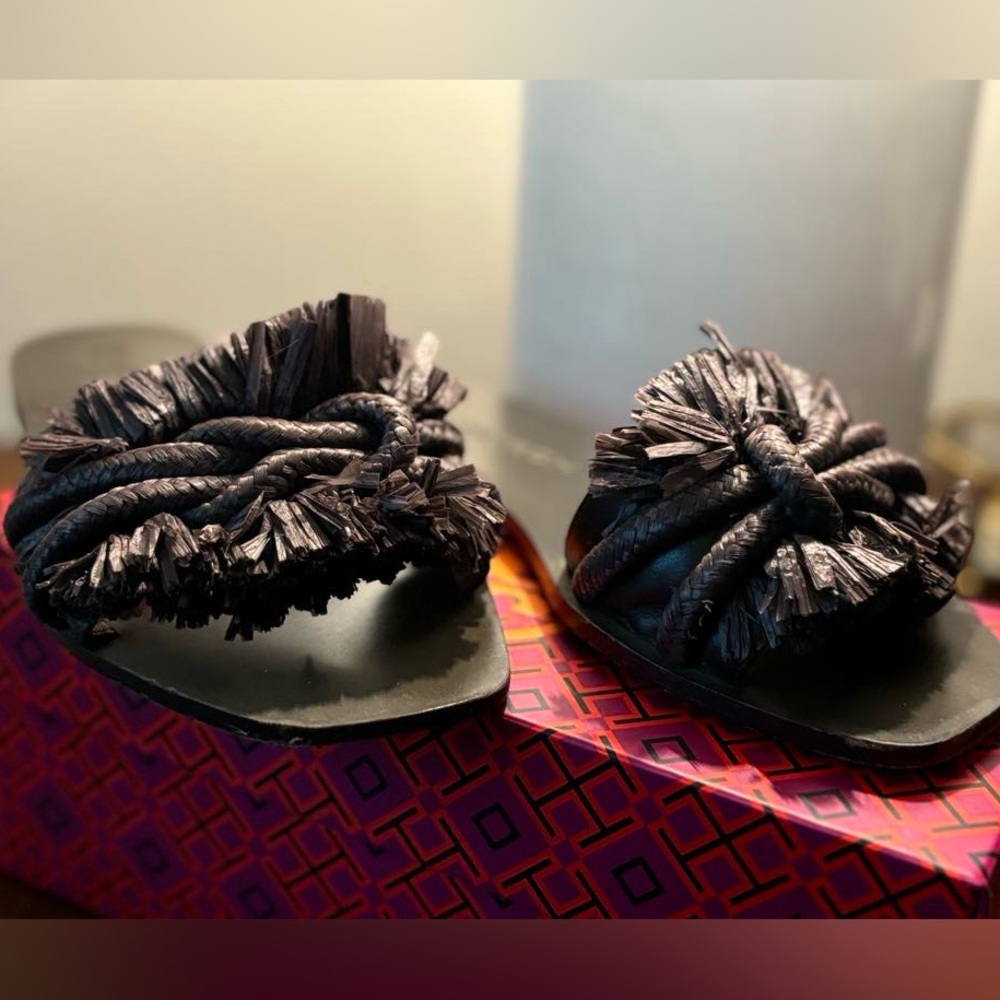Tory Burch Raffia Braided Slides - Chocolate Brown